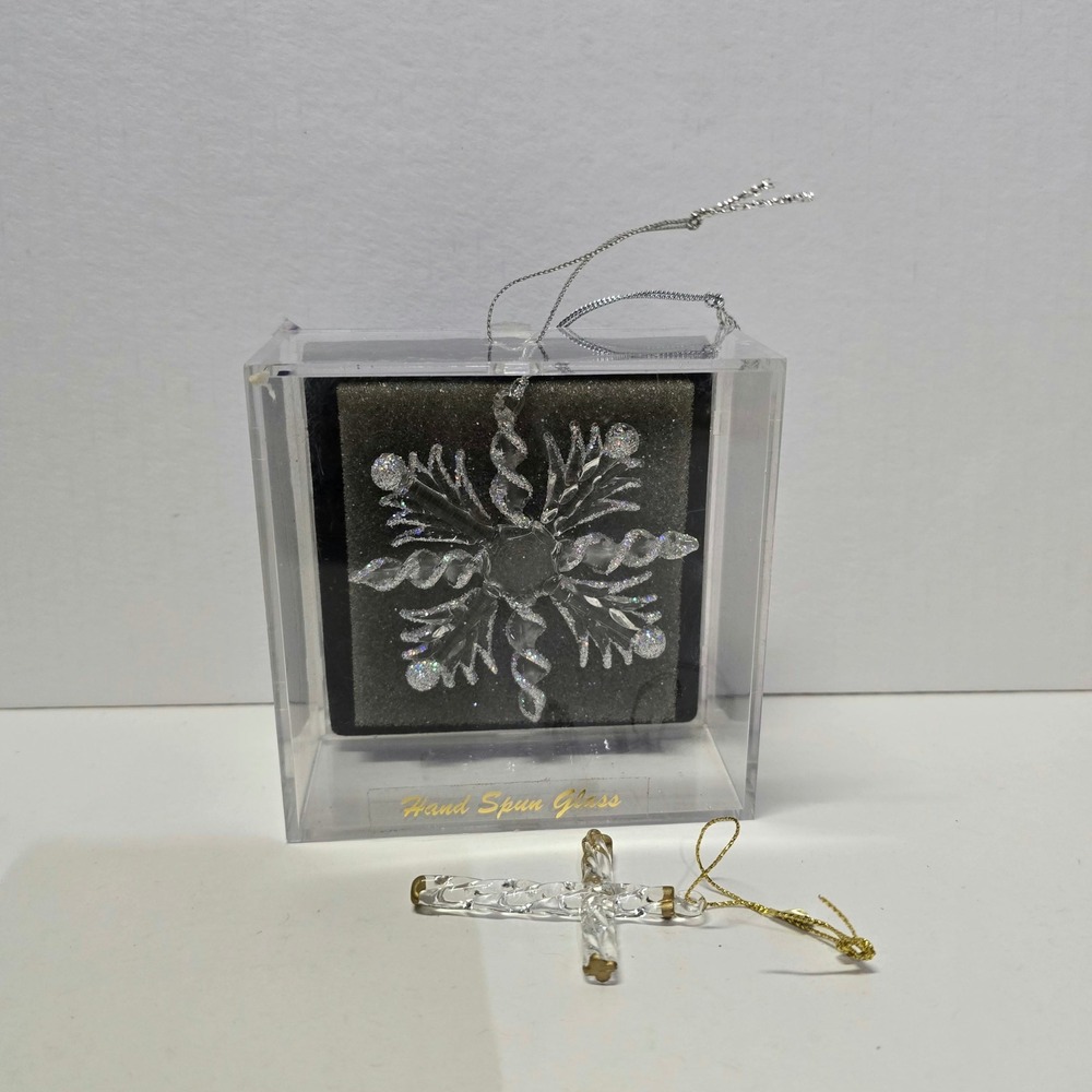 Unique Treasure Hand Spun Glass Snowflake and Cross Ornament Set Clear